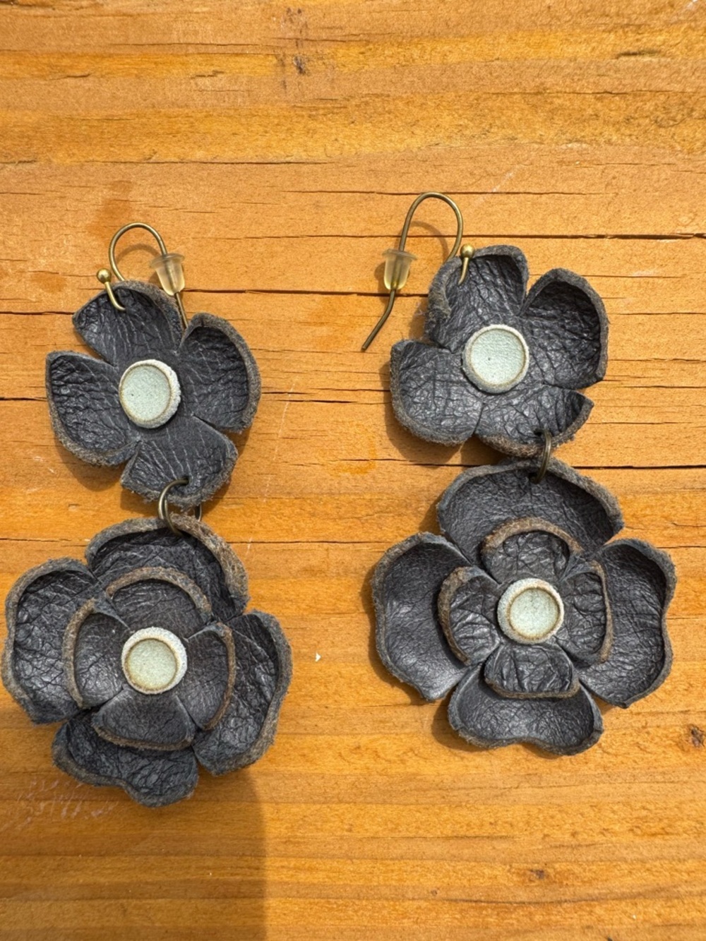Handmade Double Flower Leather Drop Earrings in blue- grey
